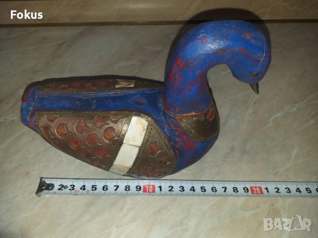 Страхотна синя дървена патица патка с месинг и кост, снимка 6 - Антикварни и старинни предмети - 53356489