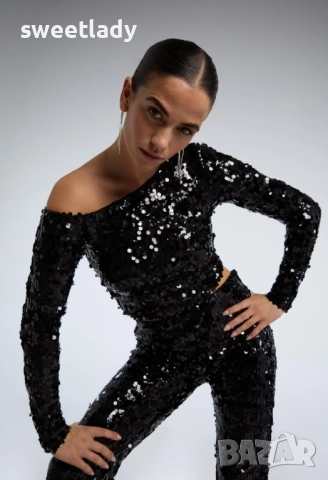 Черна официална блуза с пайети, снимка 3 - Ризи - 52343076