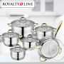 Комплект тенджери и тиган Royalty Line RL-1231G, 12ч.,16К/16/18/ 20/24/24Tсм., Индукция, Инокс, Злат, снимка 1 - Съдове за готвене - 45545852