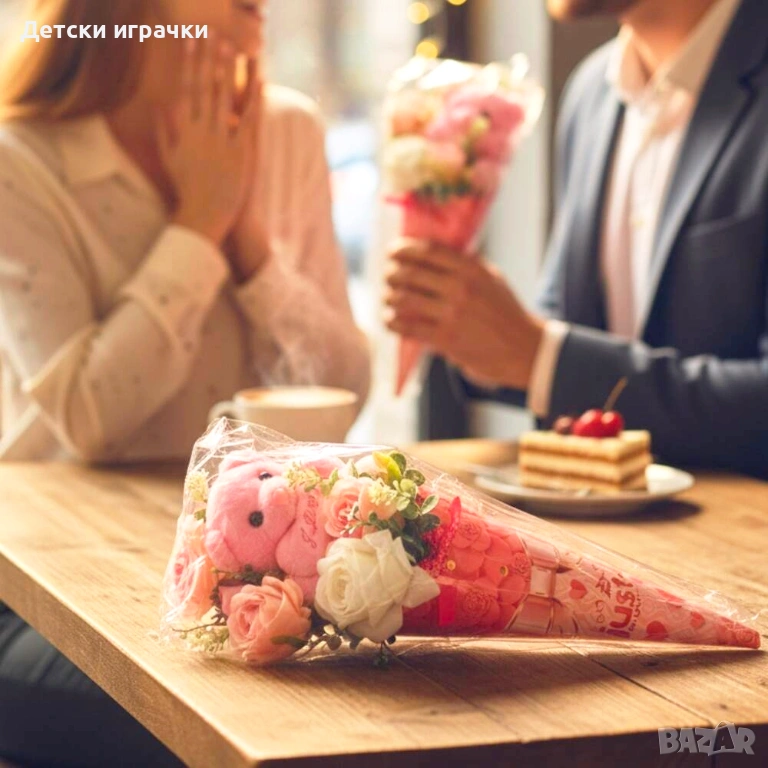 Подаръчен букет с плюшено мече и изкуствени цветя, снимка 1