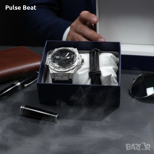 Мъжки подаръчен комплект – стилен часовник и черна гривна, снимка 1