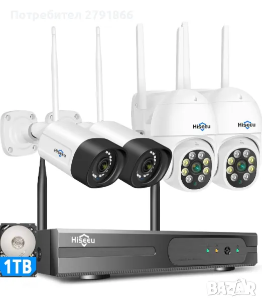 Hiseeu 5MP HD безжична система 4 камери,10-канален NVR,1TB вграден твърд диск, снимка 1