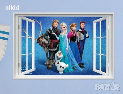 Всички Герои през прозорец Замръзналото Кралство frozen самозалепващ стикер лепенка за стена, снимка 1