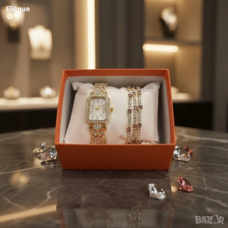 Луксозен дамски комплект: часовник и гривни в златист цвят, снимка 1