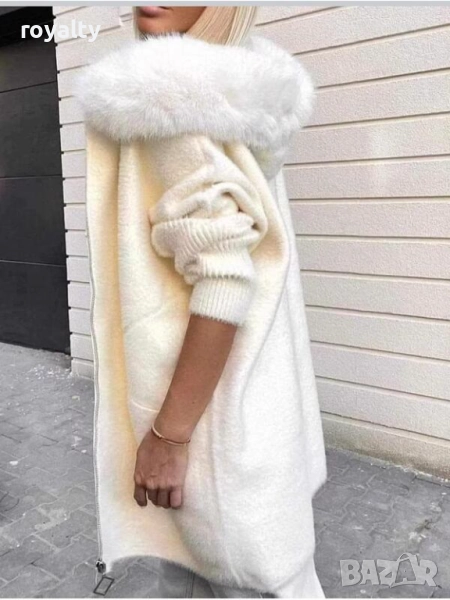 Бяло палто от алпака с качулка, снимка 1