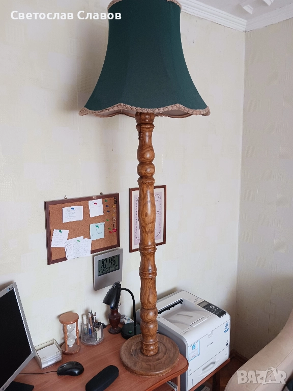 Висок лампион със стойка от дъб красива зелена шапка - 2, снимка 1