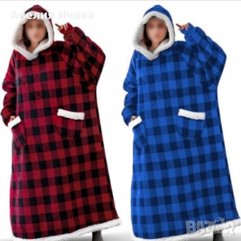 Одеяло с качулка / Дълго одеяло за носене, с джобове/ Цвят: син, червен/ Дължина: 1.08метра, снимка 3 - Други - 52036389