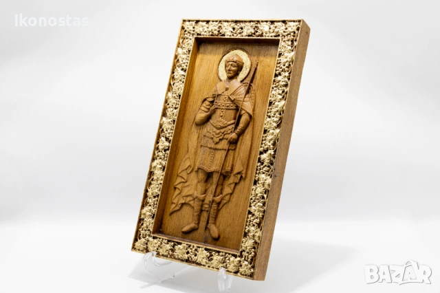 Позлатена дървена релефна икона на Свети Димитър, снимка 3 - Икони - 53224831