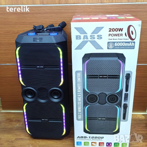 -50лв🔊 Xbass 200W 6000mah Професионална караоке тонколона ABS-12202 – 12”×2, Bluetooth, 2 микрофонa, снимка 7 - Тонколони - 51831064