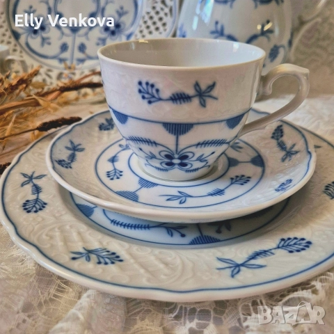 Порцеланов сервиз Schumann с декор "сламенто цвете" в кобалтово син цвят, снимка 7 - Сервизи - 52860559