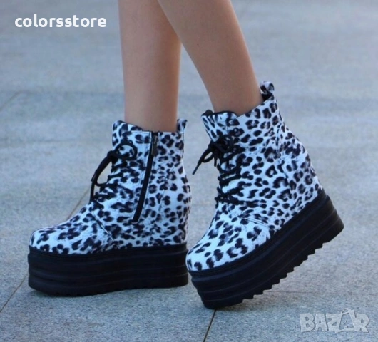 Боти на платформа - леопардов принт (бяло с черно) - BML88 