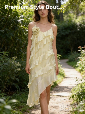 Елегантна дамска рокля с ефирни волани и нежно 3Д цвете 