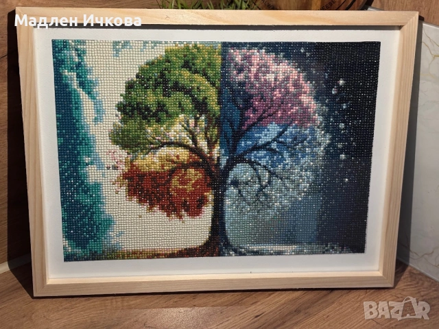 Ръчно изработен Диамантен Гоблен "Четирите Сезона" в дървена рамка, снимка 2 - Гоблени - 54093132