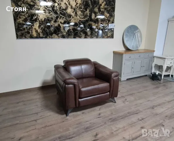 Кафяв кожен фотьойл с подвижна облегалка, снимка 5 - Дивани и мека мебел - 49936269