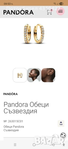Оригинални дамски обеци Pandora с покритие 14К злато, снимка 6 - Обеци - 53995831
