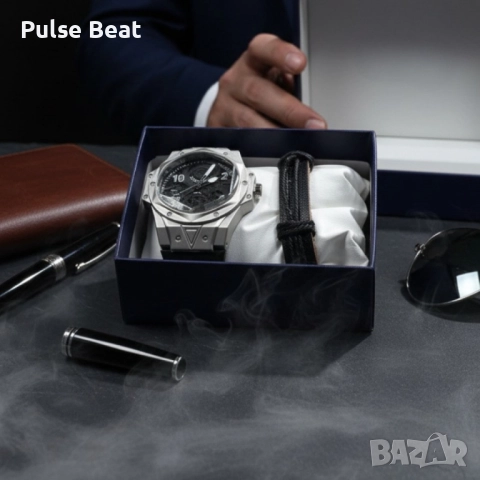 Мъжки подаръчен комплект – стилен часовник и черна гривна
