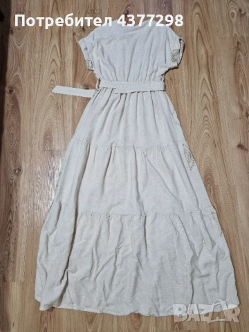 Дълга бохо рокля с колан - бежово с деликатен златист етно принт , снимка 2 - Рокли - 51383515