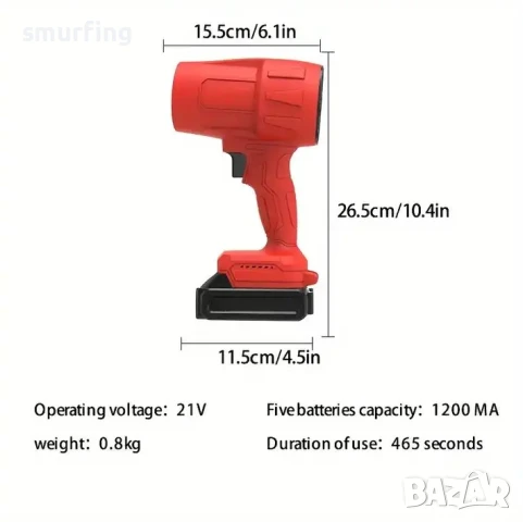 Акумулаторен Турбо Пистолет Мощна Духалка за листа, автомивка, сняг, снимка 4 - Аксесоари и консумативи - 50723089