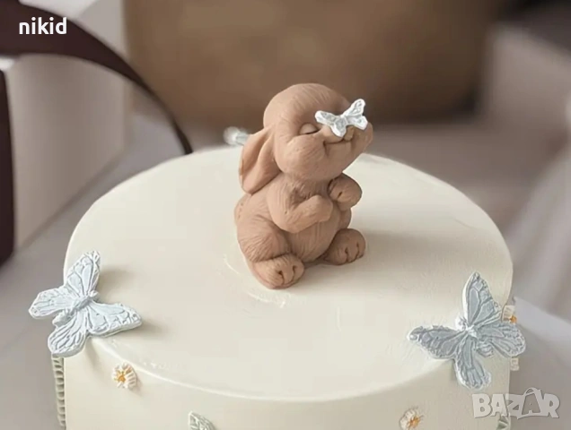 3d Заек зайче с кацнала пеперуда на носле средно силиконов молд форма фондан шоколад гипс свещ декор, снимка 6 - Форми - 54197895