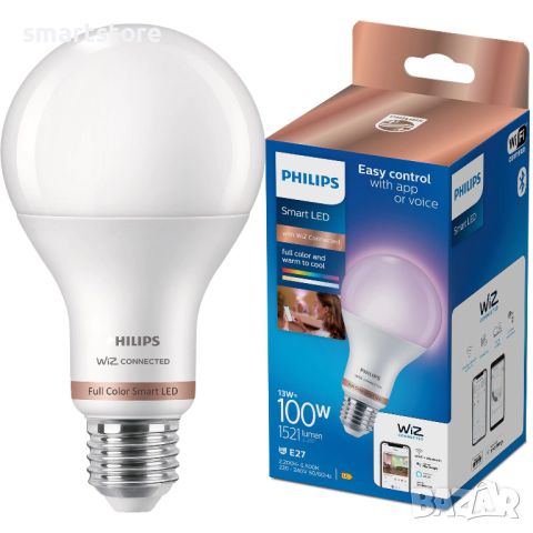 Смарт крушка Philips - Smart с WiZ Led, 13W (100W), E27, A60, RGB (пълноцветна), dimmer (димируема), снимка 2 - Крушки - 46295590