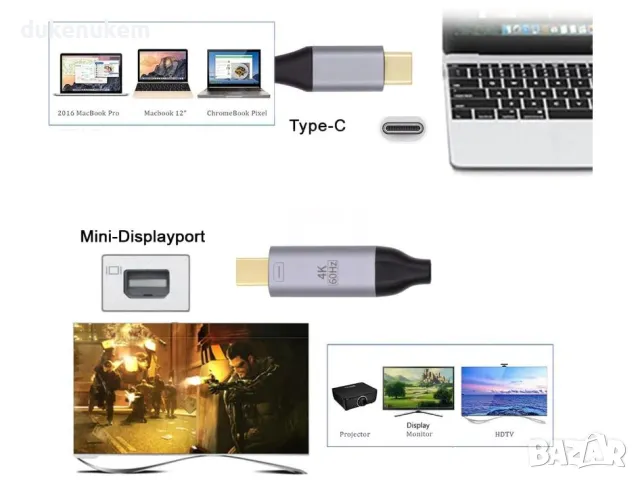 НОВ! USB C към Mini Displayport кабел 1.8м 4K 60Hz , снимка 4 - Кабели и адаптери - 47196886