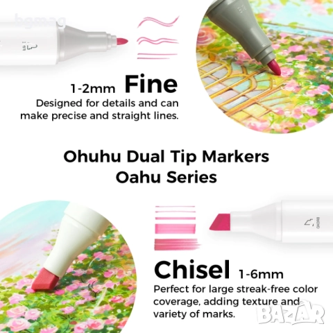 Ohuhu Oahu-01 Art Markers Set-перманентни маркери, комплект 48 пастелни цвята, снимка 4 - Ученически пособия, канцеларски материали - 52190713