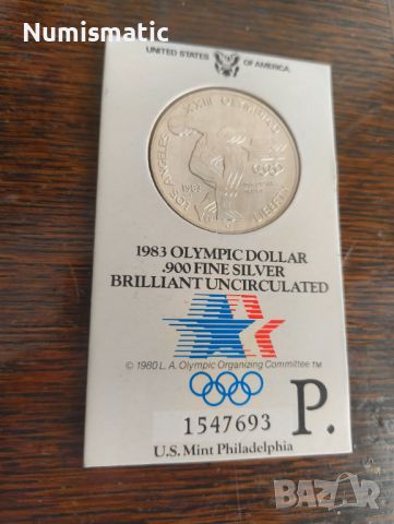 Сребърен долар със сертификат - 1983 Олимпиада, снимка 3 - Нумизматика и бонистика - 46412630