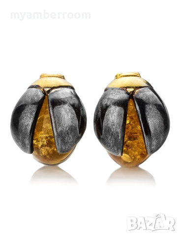 Сребърни обеци с Балтийски кехлибар. Скарабей, снимка 4 - Обеци - 24710514