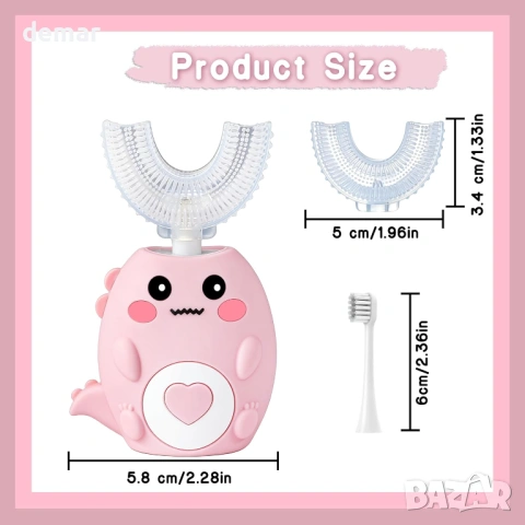 Детска електрическа четка за зъби U-образна, 360º, 3 режима, IPX7, 4 глави, снимка 5 - Други - 53901224