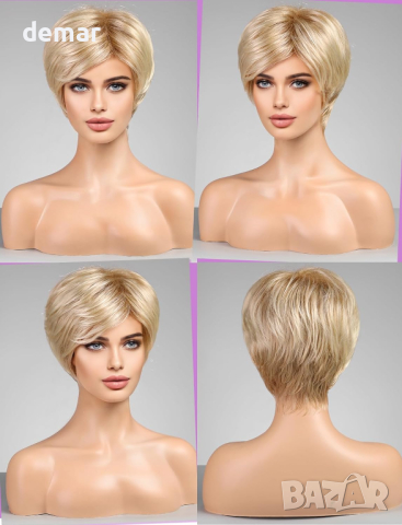 WOKESTAR Къса слоеста медено руса перука за жени, синтетична, снимка 6 - Аксесоари за коса - 44988458