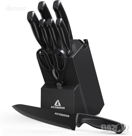 ACOQOOS Комплект ножове с блок, от неръждаема стомана от 10 части с вградена точилка