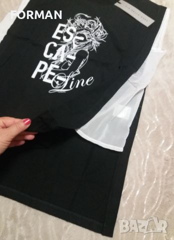 УНИКАЛЕН удължен черен топ с бяла щампа, снимка 6 - Тениски - 46012214