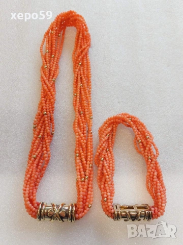 Прекрасно коралово колие и гривна със закопчаване от сребро и 84 златни топчета, снимка 4 - Колиета, медальони, синджири - 53840386