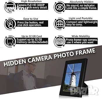 Шпионска камера Фоторамка, HD 1080P Мини Скрита Камера с Разпознаване на Движение, снимка 2 - IP камери - 52868755