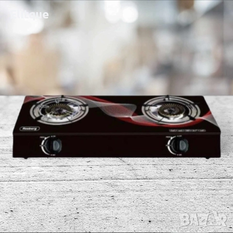 Котлон газов двоен Rosberg, 30 mbar, Черен от закалено стъкло, Чугунени горелки, с три поставки,  2 