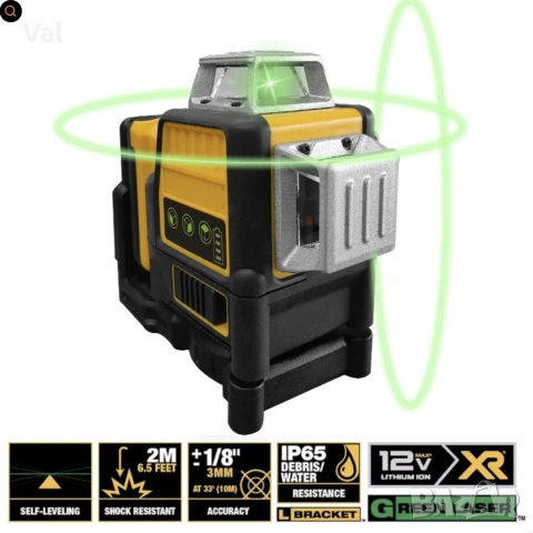 Лазерен 3D - 360 градуса нивелир с 2 батерии 12V 3 AH, 3 лъча, снимка 4 - Измервателни инструменти - 53726229