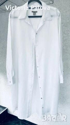 Бяла ленена рокля-риза H&M, снимка 17 - Рокли - 51109805