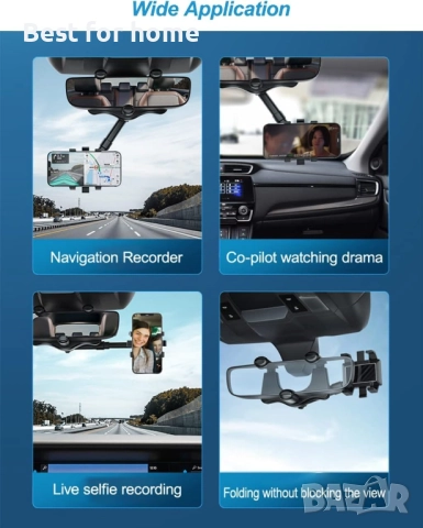  360° въртящ се държач за телефон за кола с огледало, снимка 3 - Друга електроника - 51595034