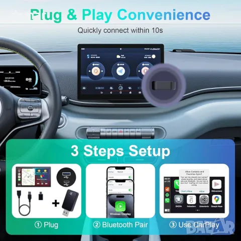 Безжичен CarPlay адаптер Aieloar за iPhone, безжичен Carplay адаптер с бърза връзка, снимка 3 - Аксесоари и консумативи - 50420514