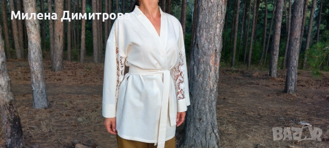 Ленено кимоно / Кимоно от американ и дантела ръчна изработка , снимка 14 - Сака - 48845116
