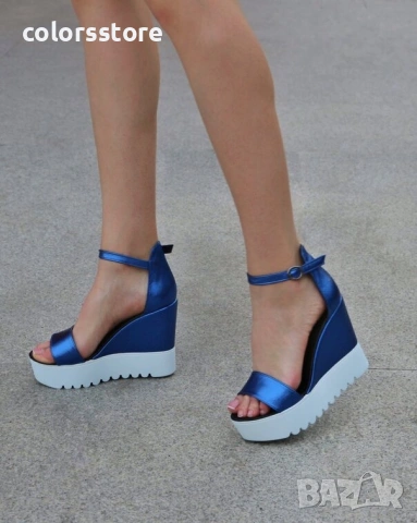 Сандали на платформа - синя кожа с бяло ходило - K200 