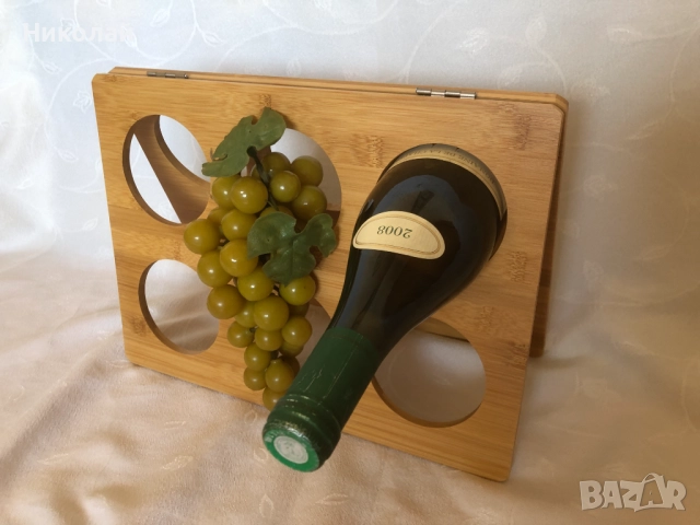 Сгъваема бамбукова стойка за вино за 6 бутилки + подарък изкуствен декоративен грозд, практична , снимка 5 - Декорация за дома - 52266951