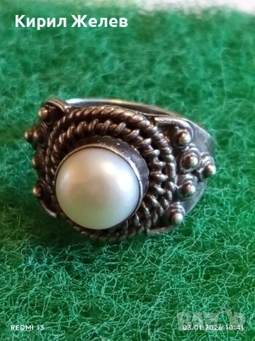 Сребърен пръстен Етно стил с Перла орнаментиран с гранулация ювелирна изработка 52457, снимка 2 - Пръстени - 52961262