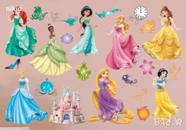 8 принцеси Белл Пепеляшка Ариел Рапунцел Жасмин Снежанка Аврора стикер лепенка за стена детска стая 