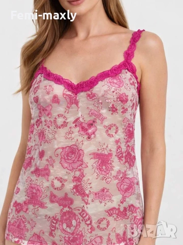 Комплект Дамска бикина и корсаж принт сърца с циклама дантела, снимка 1 - Бельо - 53378825