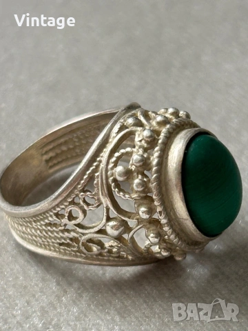 Антикварен съветски сребърен пръстен с малахит, снимка 4 - Пръстени - 53260437
