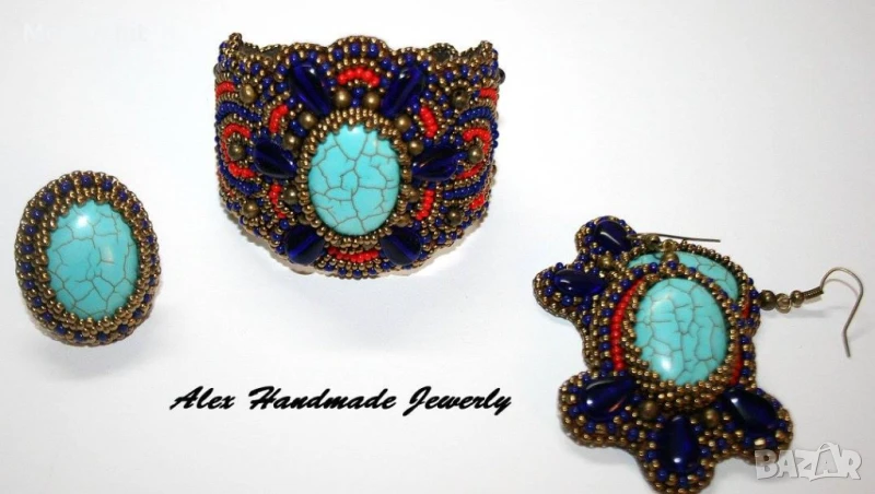 Ръчно изработен комплект с тюркоаз - гривна, обеци и пръстен, снимка 1