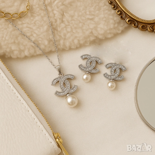 Луксозен сребрист комплект бижута с перли - колие и обеци/ устойчив метал chanel, снимка 1