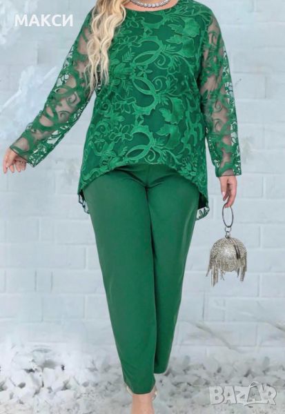 Макси елегантен ефирен комплект панталон с висока ластична талия и широк крачол +туника в зелено, снимка 1