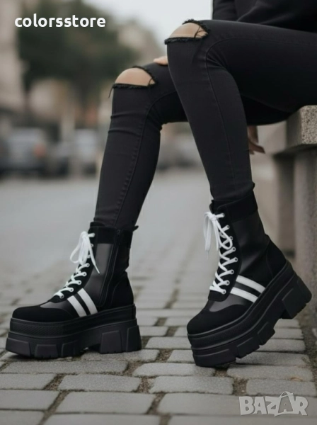 Боти на платформа - черно с бели ленти - BML30 , снимка 1